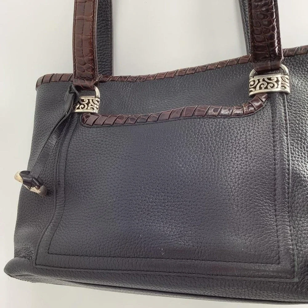 Brighton Black Pebbled Leather Tote Bag Brown Croc Embossed Trim Silver Heart